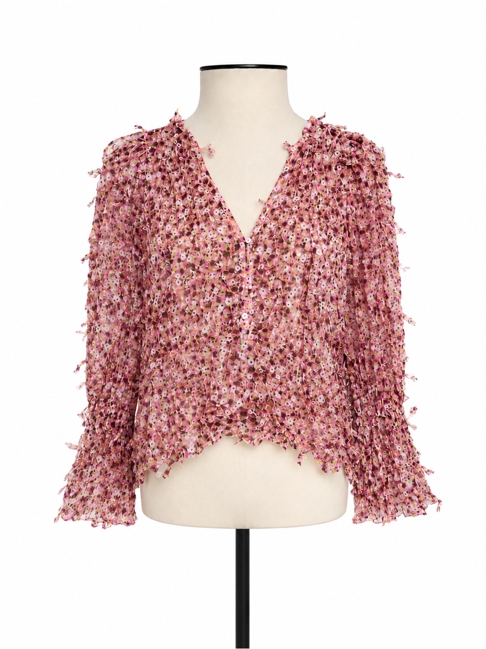 Zara Womens Top Size Small Boho Fringe Floral Blouse 3/4 Sleeve